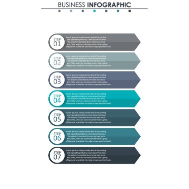 İş verileri, grafik. Grafiğin soyut öğeleri, 7 adımlı diyagram, strateji, seçenekler, parçalar veya süreçler. Sunu için vektör iş şablonu. Bilgi grafiği için yaratıcı konsept.