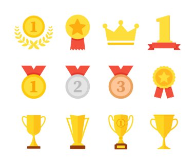 Ödül ve kupa fincan simge seti. Kazananlar ve diğerleri spor kupa için Altın kupa. Altın ödül. Ödüller kazanın. Kupa madalyaları. Vektör çizimi.