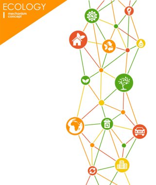 Ekoloji mekanizması kavramı. arka plan bağlı ve Çevre Dostu, enerji, çevre, yeşil, geri dönüşüm, biyo ve genel kavramlar için simgeler. vektör Infographic illüstrasyon.