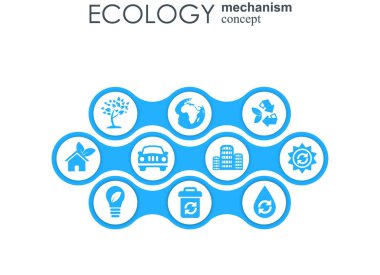 Ekoloji mekanizması kavramı. arka plan bağlı ve Çevre Dostu, enerji, çevre, yeşil, geri dönüşüm, biyo ve genel kavramlar için simgeler. vektör Infographic illüstrasyon.