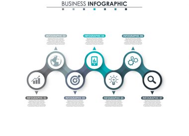 İş verileri, grafik. Grafiğin soyut öğeleri, 7 adımlı diyagram, strateji, seçenekler, parçalar veya süreçler. Sunu için vektör iş şablonu. Bilgi grafiği için yaratıcı konsept.
