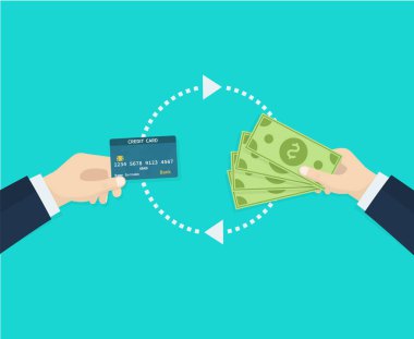 Kredi kartı ile el ve nakit ile el. Yeşil arka plan üzerinde vektör düz illüstrasyon.