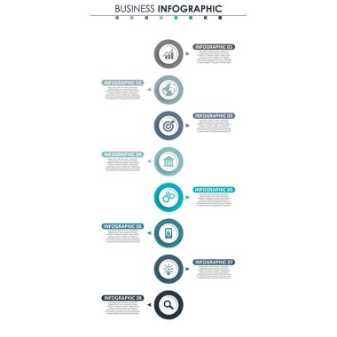 İş verileri, grafik. Grafiğin soyut öğeleri, 8 adımlı diyagram, strateji, seçenekler, parçalar veya süreçler. Sunu için vektör iş şablonu. Bilgi grafiği için yaratıcı konsept.