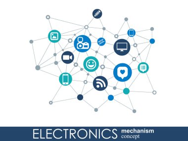 Elektronik mekanizma. Arka plan bağlı ve tümleşik düz simgeler. Bağlı sembolleri Monitor, telefon. Etkileşimli vektör çizim.