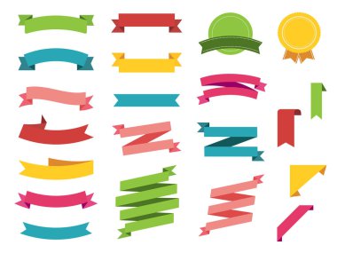 Kurdele vektör simgesi beyaz arka plan üzerinde ayarlayın. Afiş Aksesuar ve Hediyelik şekiller illüstrasyon izole. Noel etiket ve dekorasyon app ve web için. Etiket, rozet ve sınır koleksiyonu.