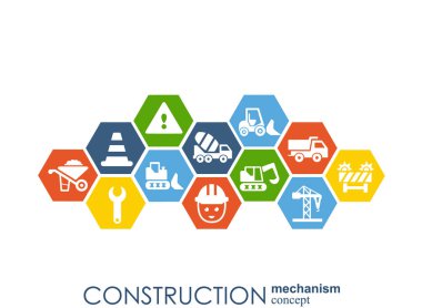 İnşaat ağ. Altıgen arka plan çizgileri, çokgenler ve tümleşik düz simgeler. Sembolleri yapı, sanayi, mimari, mühendislik kavramlar için bağlı. Vektör.