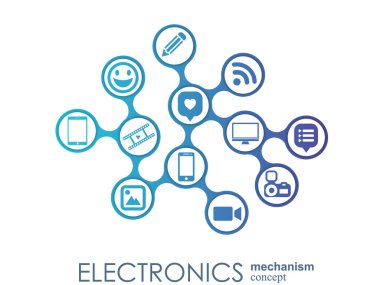 Elektronik mekanizma. Arka plan bağlı ve tümleşik düz simgeler. Bağlı sembolleri Monitor, telefon. Etkileşimli vektör çizim.