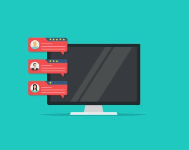 Müşteri inceleme derecelendirme mesajları ile Bilgisayar, masaüstü bilgisayar ekran düz karikatür tasarımı ve online değerlendirmeleri veya müşteri referansları, geribildirim, derecelendirme yıldız. Düz tasarım, vektör illüstrasyon.