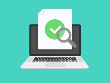 Belge ve onay işareti. Onaylı onay işaretine sahip kağıt doküman sayfası, başarı yla katlanmış sayfa veya geçmiş doğrulama verileri. Vektör illustaration.