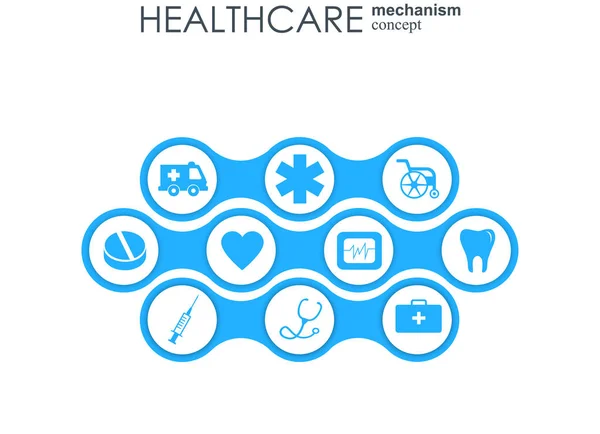 Gezondheidszorg mechanisme concept. Abstracte achtergrond met aangesloten versnellingen en pictogrammen voor medisch, gezondheid, strategie, zorg, geneeskunde, netwerk, sociale media en wereldwijde concepten. Vector infographic. — Stockvector