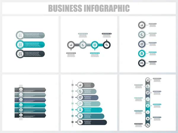 Infografías abstractas número de opciones plantilla 3, 4, 5, 6, 7, 8. Ilustración vectorial. Se puede utilizar para el diseño del flujo de trabajo, diagrama, opciones de pasos de negocio de estrategia, banner y conjunto de diseño web . — Vector de stock