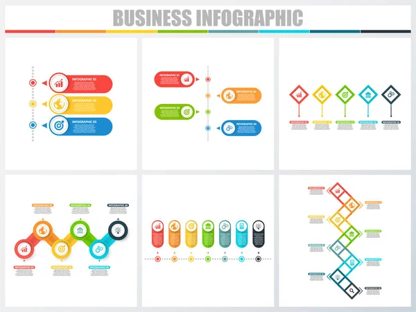 Infográficos abstratos opções de número modelo 3, 4, 5, 6, 7, 8. Ilustração vetorial. Pode ser usado para layout de fluxo de trabalho, diagrama, opções de passo de negócios de estratégia, banner e conjunto de design web . — Vetor de Stock