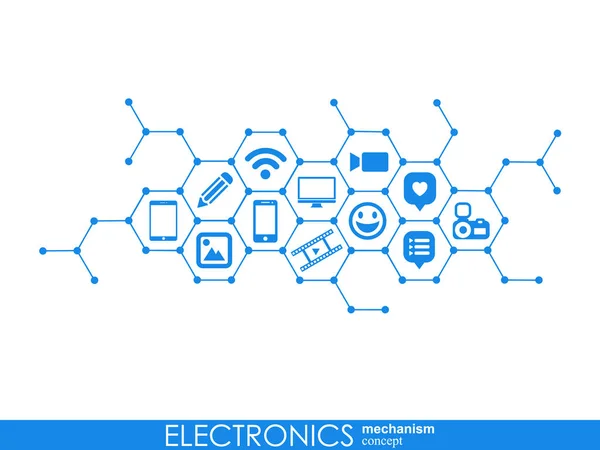 Mecanismo electrónico. Fundo abstrato com engrenagens conectadas e ícones planos integrados. Símbolos ligados para monitor, telefone. Ilustração interativa vetorial . — Vetor de Stock