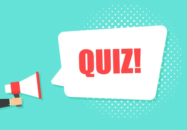 Männliche Hand hält Megafon mit Quiz-Sprechblase. Lautsprecher. Banner für Wirtschaft, Marketing und Werbung. Vektorillustration. — Stockvektor