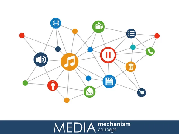 Media mekanism koncept. Tillväxt abstrakt bakgrund med integrerad meta bollar, integrerade ikon för digital, strategi, internet, nätverk, ansluta, kommunicera, teknik, global begrepp. — Stock vektor