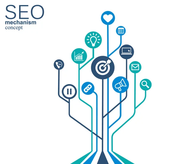 Seo の機構を採用。抽象的な背景に統合された歯車、戦略、デジタルのためのアイコン、インターネット、ネットワーク、接続、解析と、社会的なメディア、グローバルな概念. — ストックベクタ