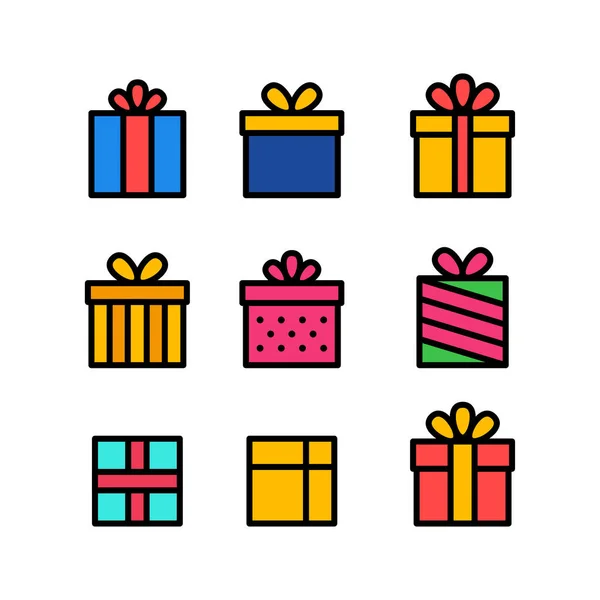 Set di confezione regalo con nastro. Icone sulla linea della scatola. Confezione regalo sorprendente. Illustrazione vettoriale . — Vettoriale Stock