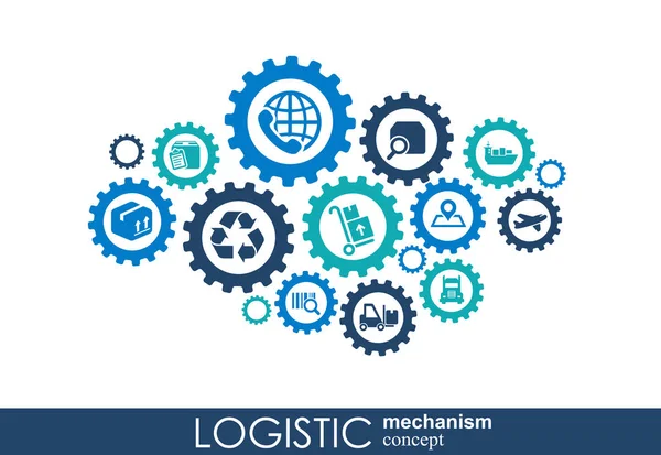 Conceito do mecanismo LOGISTIC. distribuição, entrega, serviço, transporte, logística, transporte, conceitos de mercado. Fundo abstrato com objetos conectados. Ilustração vetorial . — Vetor de Stock