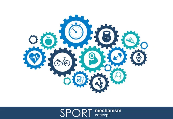 Sportmechanismus-Konzept. Fußball, Basketball, Volleyball, Ballkonzepte. abstrakter Hintergrund mit miteinander verbundenen Objekten. Vektorillustration. — Stockvektor