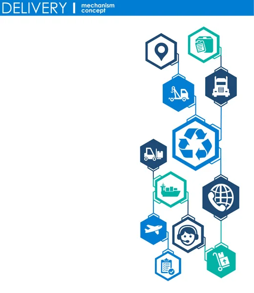 Conceito de mecanismo de entrega. Contexto abstrato com engrenagens conectadas e ícones para logístico, serviço, estratégia, transporte, distribuição, transporte, mercado, comunicar conceitos. Vetor interativo . — Vetor de Stock