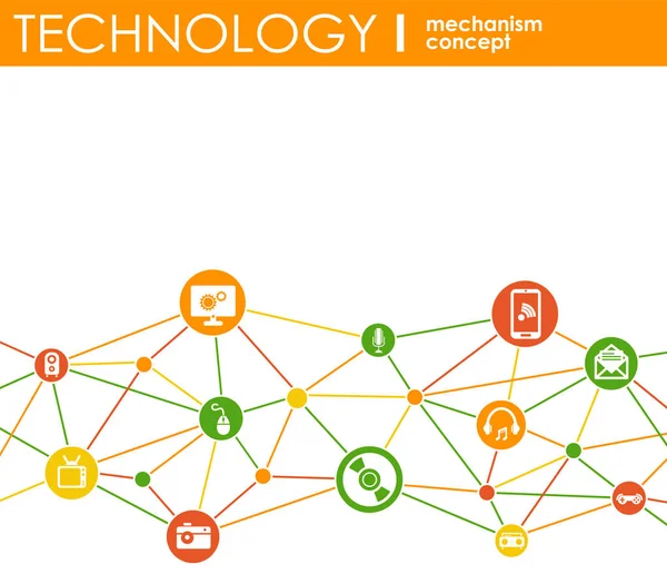 Koncepcja mechanizmu technologii. Tło z zintegrowanych narzędzi i ikony dla cyfrowych, strategia, internet, sieci, połączenia, komunikacji, mediów społecznościowych i koncepcje globalnego. Wektora infographic. — Wektor stockowy