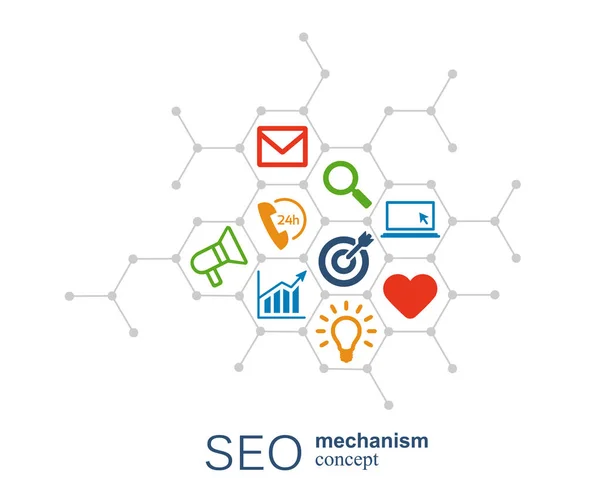 Seo-Mechanismus-Konzept. abstrakter Hintergrund mit integrierten Zahnrädern und Symbolen für Strategie, Digital, Internet, Netzwerk, Connect, Analytics, Social Media und globale Konzepte. — Stockvektor