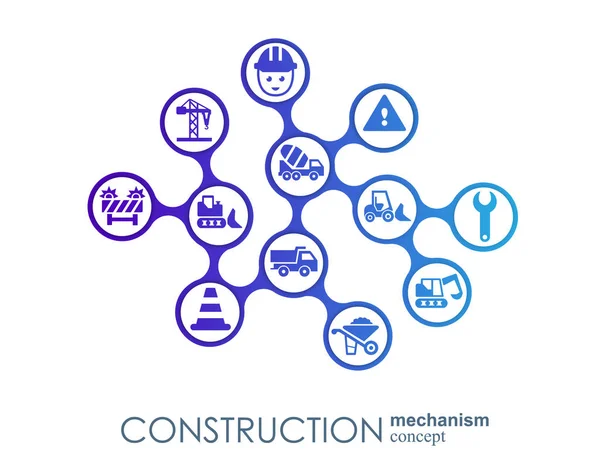 Réseau de construction. Fond abstrait hexagonal avec lignes, polygones et icônes plates intégrées. Symboles connectés pour la construction, l'industrie, l'architecture, les concepts d'ingénierie. Vecteur . — Image vectorielle