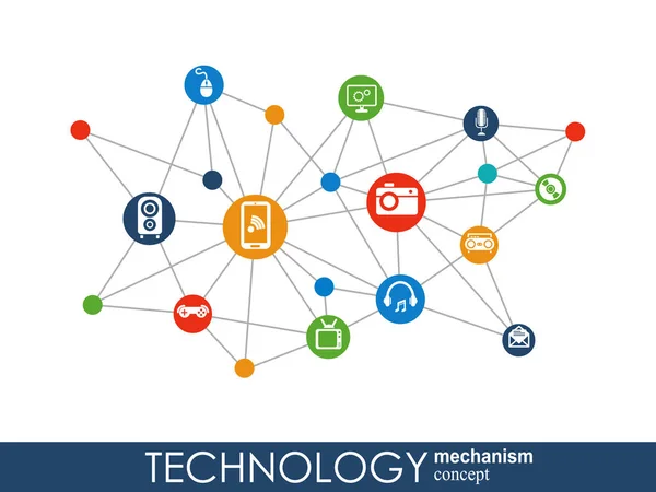 Koncepcja mechanizmu technologii. Tło z zintegrowanych narzędzi i ikony dla cyfrowych, strategia, internet, sieci, połączenia, komunikacji, mediów społecznościowych i koncepcje globalnego. Wektora infographic. — Wektor stockowy