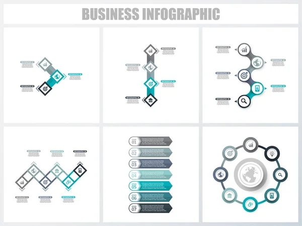 Infográficos abstratos opções de número modelo 3, 4, 5, 6, 7, 8. Ilustração vetorial. Pode ser usado para layout de fluxo de trabalho, diagrama, opções de passo de negócios de estratégia, banner e conjunto de design web . — Vetor de Stock