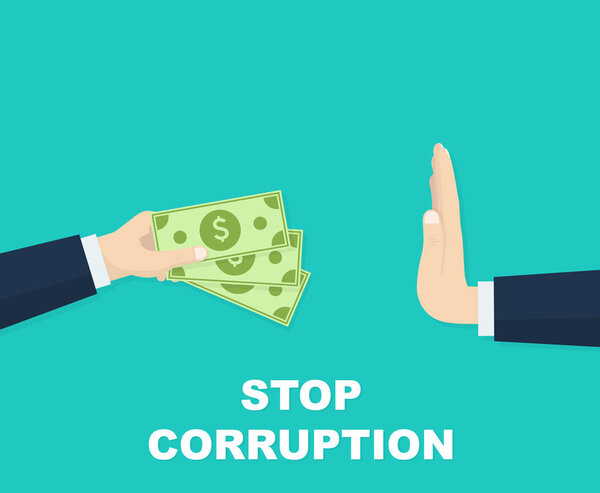 Stop corruption. Concept businessman hand refusing corruption money. Vector illustration.