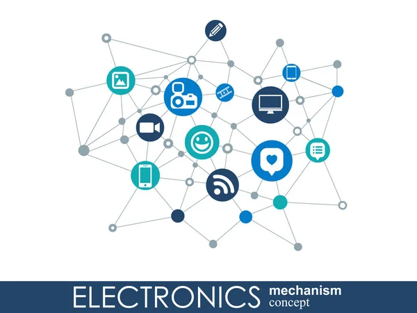 Mechanizm elektronika. Tło z połączonych biegów i Zintegrowana płaska ikony. Połączonych symboli dla monitora, telefon. Ilustracja wektorowa interaktywne. — Wektor stockowy