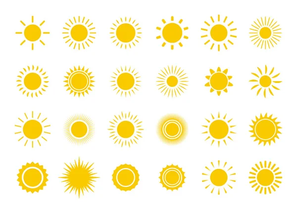 Sol icono conjunto. Colección de iconos de estrellas del sol amarillo. Verano, luz solar, naturaleza, cielo. Ilustración vectorial aislada sobre fondo blanco . — Archivo Imágenes Vectoriales