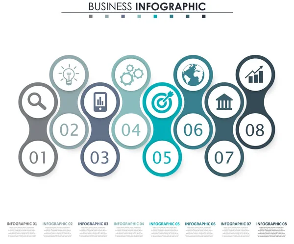 Données commerciales, graphique. Éléments abstraits du graphique, diagramme avec 8 étapes, stratégie, options, pièces ou processus. Modèle d'affaires vectoriel pour la présentation. Concept créatif pour infographie . — Image vectorielle