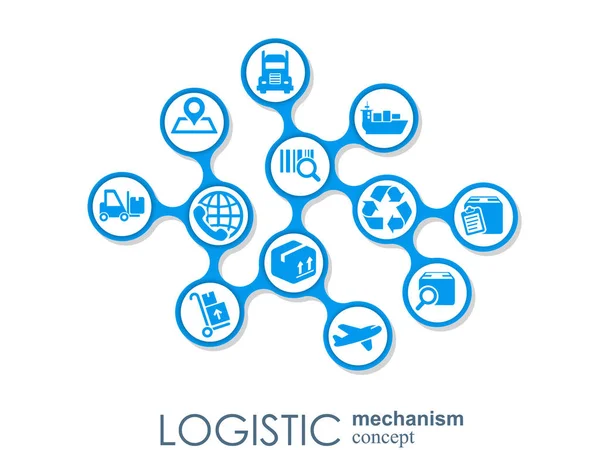 Logistieke mechanisme concept. distributie, levering, service, transport, logistiek, vervoer, markt concepten. Abstracte achtergrond met verbonden objecten. Vectorillustratie. — Stockvector