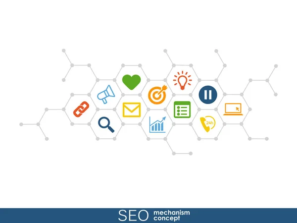 Seo-Mechanismus-Konzept. abstrakter Hintergrund mit integrierten Zahnrädern und Symbolen für Strategie, Digital, Internet, Netzwerk, Connect, Analytics, Social Media und globale Konzepte. — Stockvektor