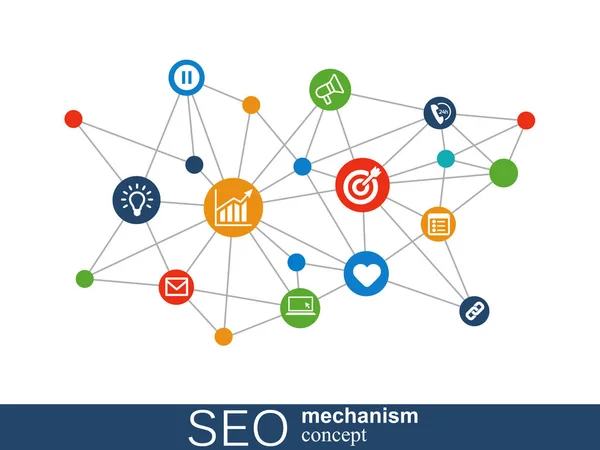 SEO mechanisme concept. Abstract achtergrond met geïntegreerde versnellingen en pictogrammen voor strategie, digitale, internet, netwerk, verbinden, analytics, social media en wereldwijde concepten. — Stockvector