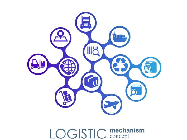 Logistieke mechanisme concept. distributie, levering, service, transport, logistiek, vervoer, markt concepten. Abstracte achtergrond met verbonden objecten. Vectorillustratie. — Stockvector