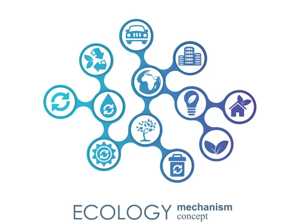 Ökológia mechanizmus fogalmát. kapcsolódó fogaskerekek és ikonok, a környezetbarát, energia, környezet, zöld, recycle, bio és globális fogalmak absztrakt háttér. vektor infographic illusztráció. — Stock Vector