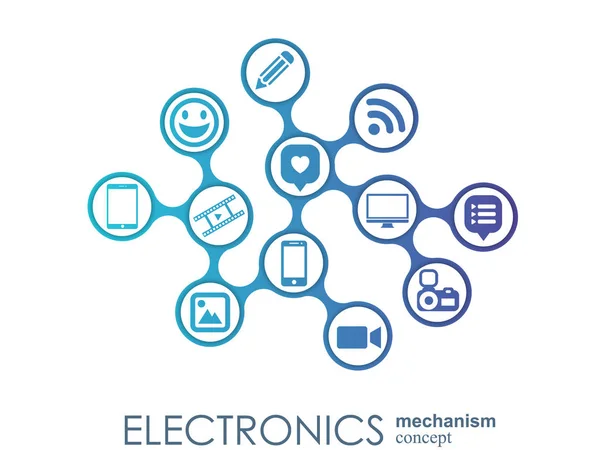 Electronics mechanism. Abstract background with connected gears and integrated flat icons. Connected symbols for monitor, phone. Vector interactive illustration. — Stock Vector