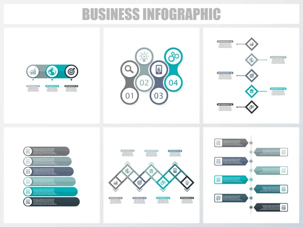 Infográficos abstratos opções de número modelo 3, 4, 5, 6, 7, 8. Ilustração vetorial. Pode ser usado para layout de fluxo de trabalho, diagrama, opções de passo de negócios de estratégia, banner e conjunto de design web . — Vetor de Stock