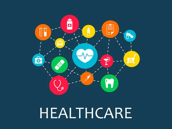 Hälso-och mekanism koncept. Abstrakt bakgrund med anslutna gears och ikoner för sjukvård, hälsa, strategi, vård, medicin, nätverk, sociala medier och globala begrepp. Vector infographic. — Stock vektor