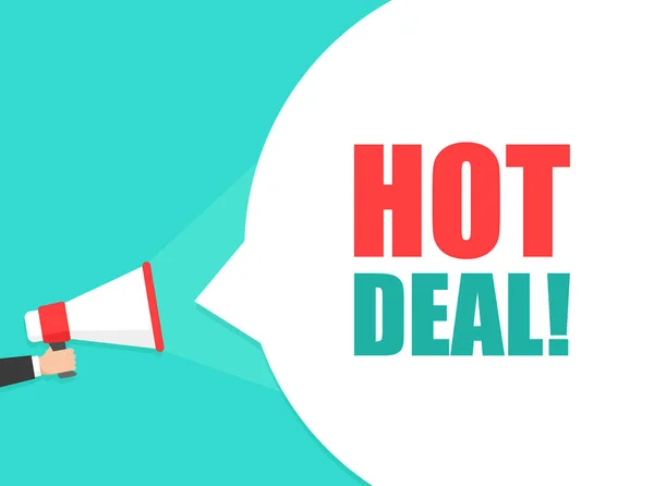 Mannelijke hand houden megafoon met Hot deal toespraak bubble. Luidspreker. Banner voor bedrijven, marketing en reclame. Vector illustratie. — Stockvector