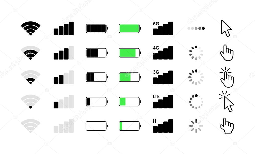Mobile phone system icons. Wifi signal strength, battery charge level, loading, download, cursor. Vector illustration.