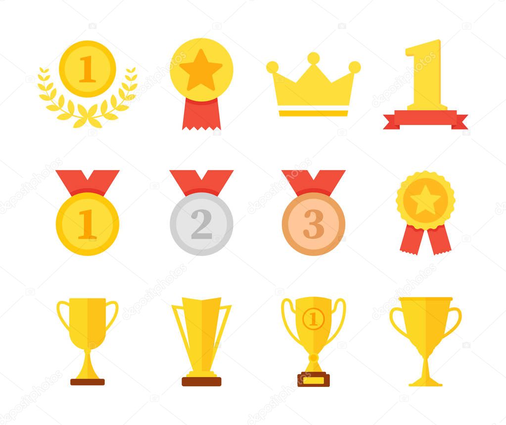 Award and trophy cup icon set. Golden cups for winners and others sport trophy. Golden reward. Win awards. Trophy medals. Vector illustration.