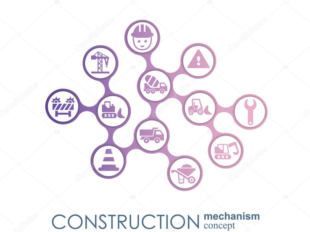 Construction network. Hexagon abstract background with lines, polygons, and integrated flat icons. Connected symbols for build, industry, architectural, engineering concepts. Vector.