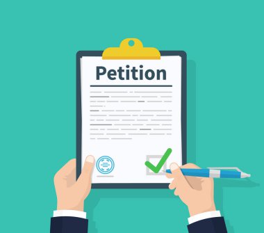 Petition concept. Man hold clipboard in hand writes Petition concept. Diagrams. Flat design, vector illustration on background. clipart