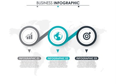 İş verileri, grafik. Grafiğin soyut öğeleri, 3 adımlı diyagram, strateji, seçenekler, parçalar veya süreçler. Sunu için vektör iş şablonu. Bilgi grafiği için yaratıcı konsept.