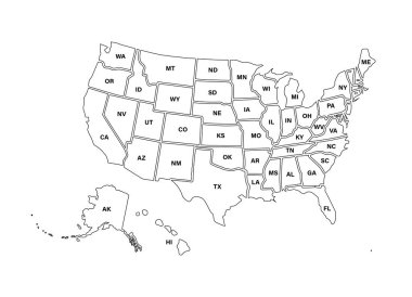 Beyaz arka planda izole edilmiş benzer ABD haritası. Amerika Birleşik Devletleri Birleşik Devletleri. Web sitesi, tasarım, kapak, bilgi grafikleri için vektör şablonu. Grafik illüstrasyonu.