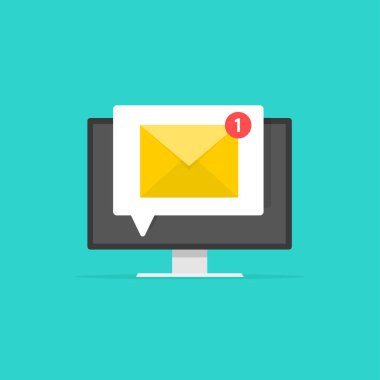 Bilgisayar ekranında yeni e-posta, e-posta zarf ile alınan bildirim ve tarayıcı, bülten mesajı, elektronik posta, fikir illüstrasyon vektör.