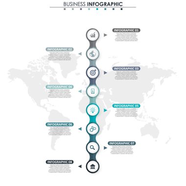 İş verileri, grafik. Grafiğin soyut öğeleri, 8 adımlı diyagram, strateji, seçenekler, parçalar veya süreçler. Sunu için vektör iş şablonu. Bilgi grafiği için yaratıcı konsept.